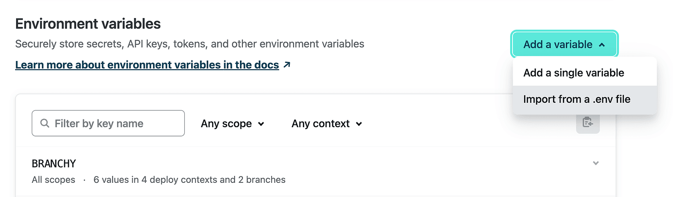 'Add a variable' dropdown with 'Import from an .env file' highlighted