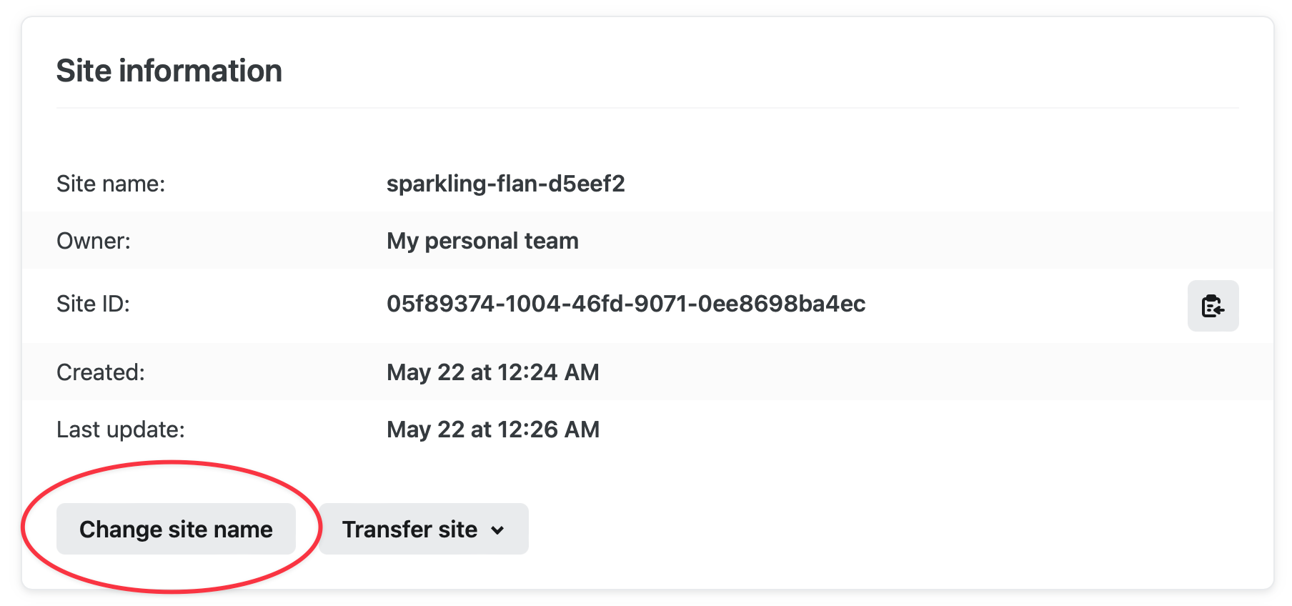 Where you can change the name and subdomain of your prompt-generated site in the Netlify UI