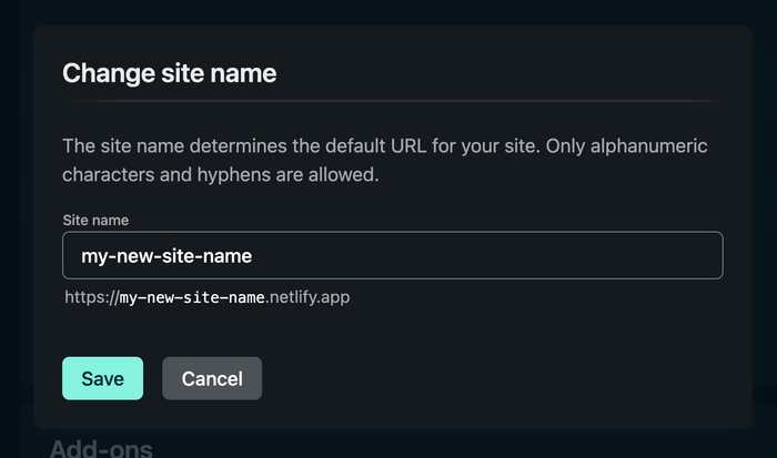 Netlify site name settings showing my-new-site-name added to the input field