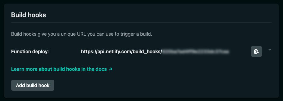 A screenshot showing the new build hook has been added