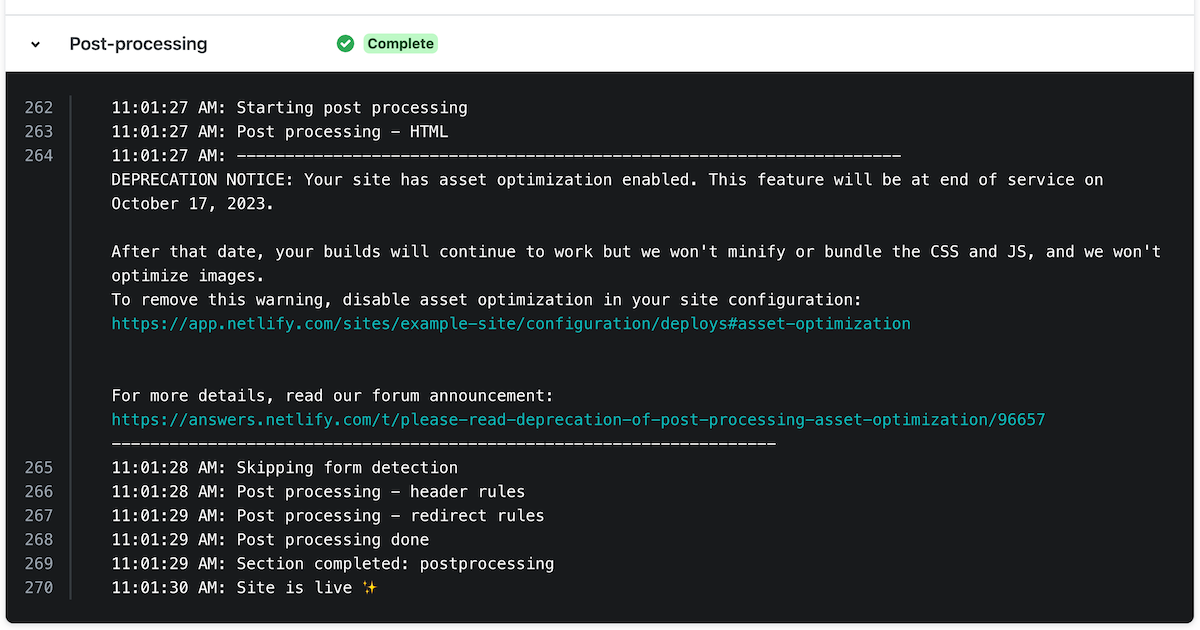 Deprecation notice for post-processing asset optimization as a log line in deploy logs