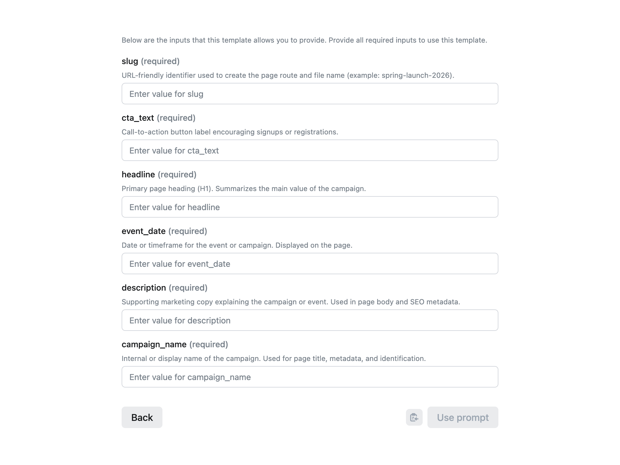 A marketer enters variables to create new page