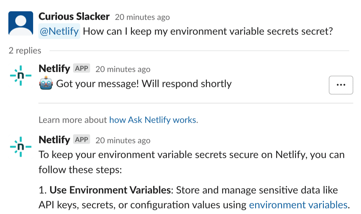 Ask Netlify chatbot responding in a Slack thread to a question about environment variables, using information from the docs.