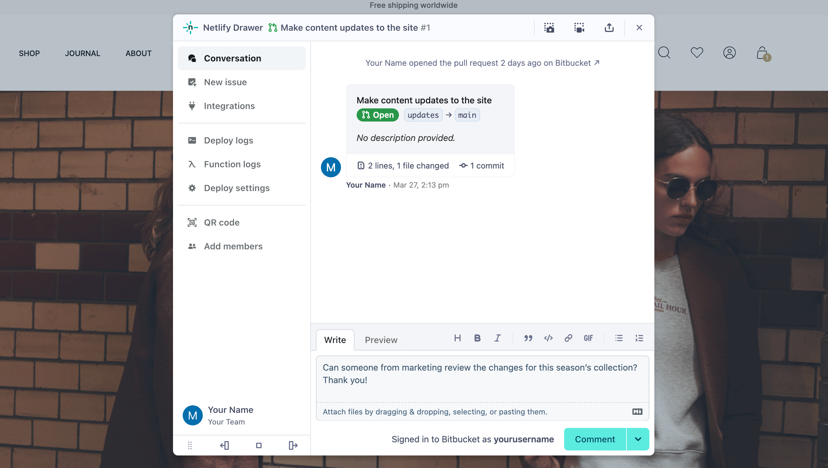 Collaboration tools displayed in a modal on top of the Deploy Preview. The current user is requesting review from the marketing team in the Conversations tab.