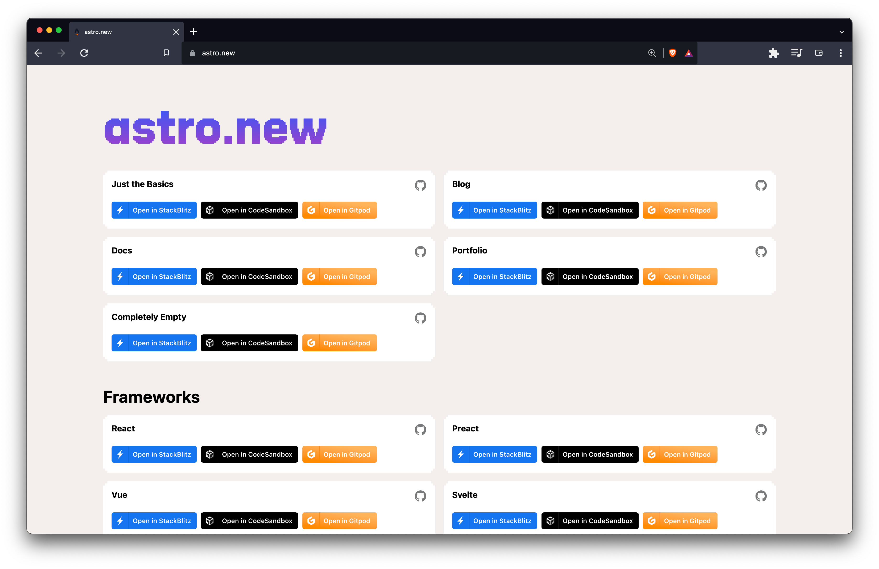 The astro.new page showing a selection of new projects to open in either StackBlitz, CodeSandbox or GitPod