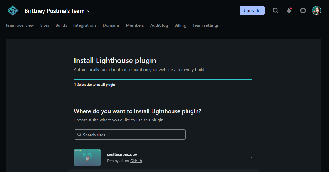 Install Lighthouse plugin to Netlify site with search bar for sites