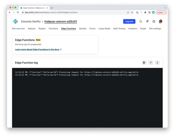 Edge Functions logs in the Netlify UI