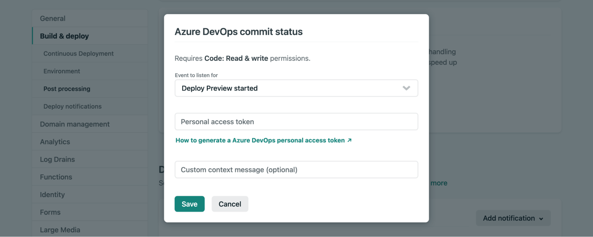 Give Netlify Code: Read & write permissions to send commit statuses to Azure DevOps.