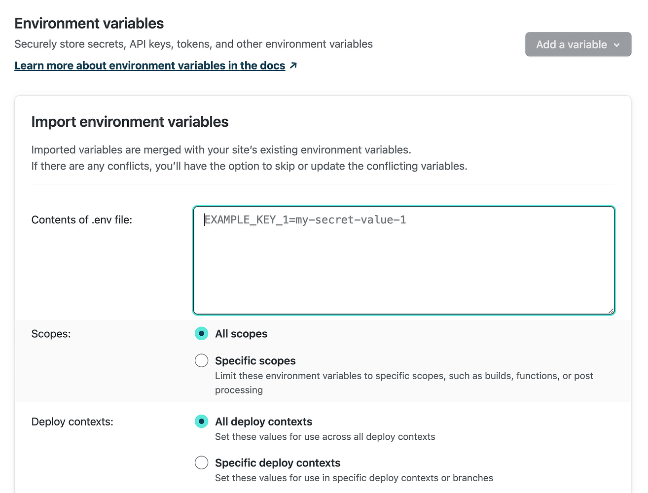 Form with an .env contents textarea and scope and deploy context options