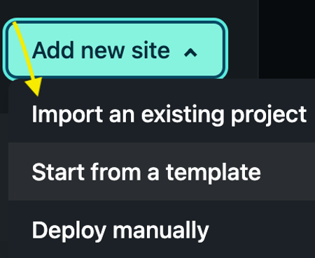 Add new site button clicked pointing to Import an existing project.