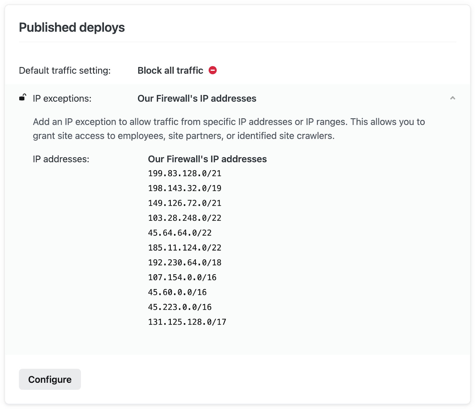 Example of the configuration to restrict access to requests routed through your external firewall in the Netlify app UI