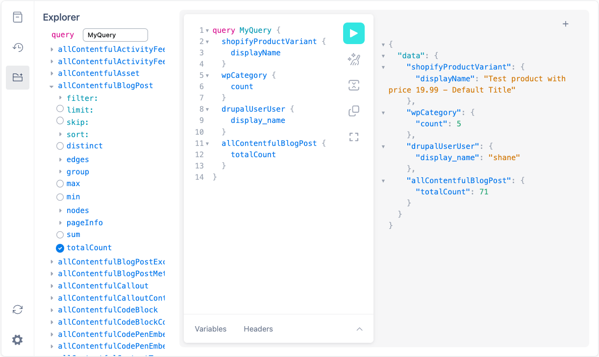Netlify Connect GraphQL Explorer showing a GraphQL query that accesses data from Shopify, Wordpress, Drupal and Contentful in one API call.