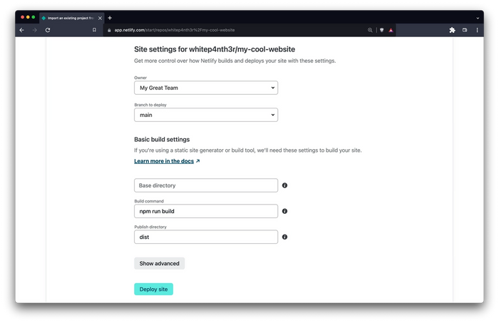 Screenshot of Netlify UI showing build settings including owner, branch to deploy, base directory, build command and publish directory