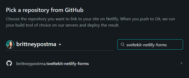 Pick a repository from GitHub - sveltekit-netlify-forms searched