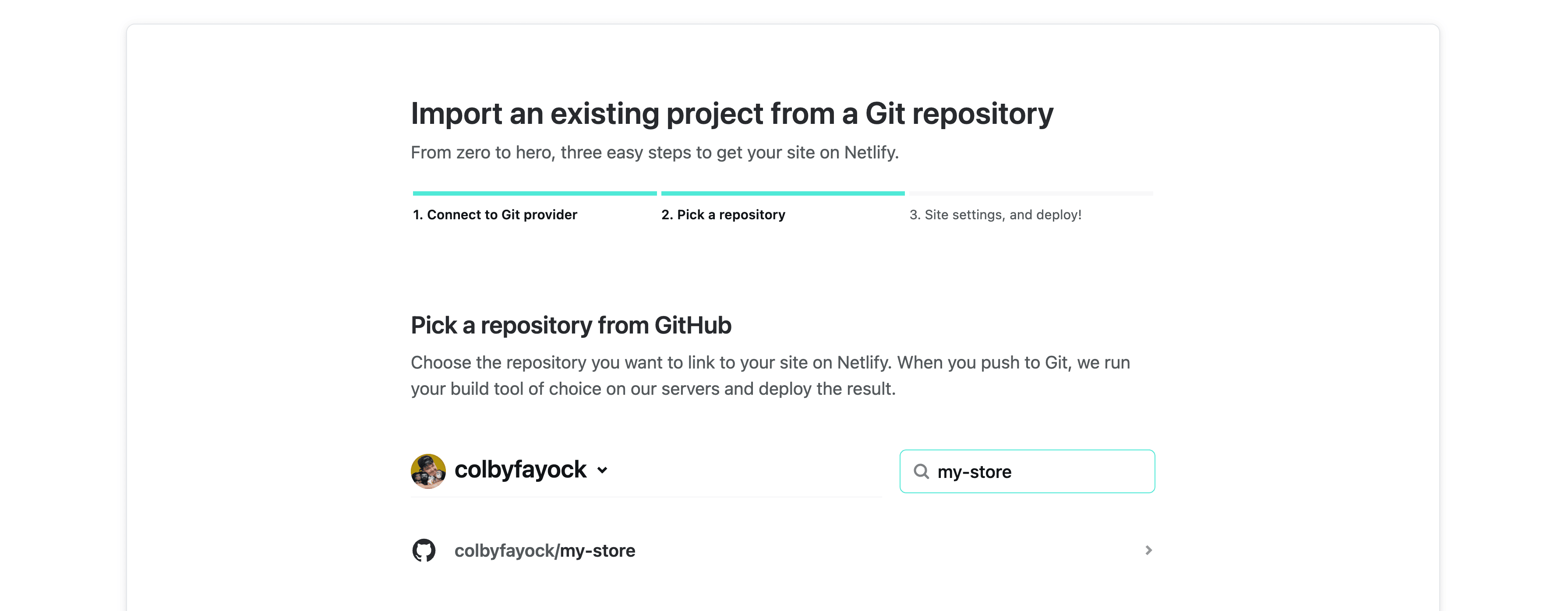 Alt: Netlify site import searching for project from GitHub