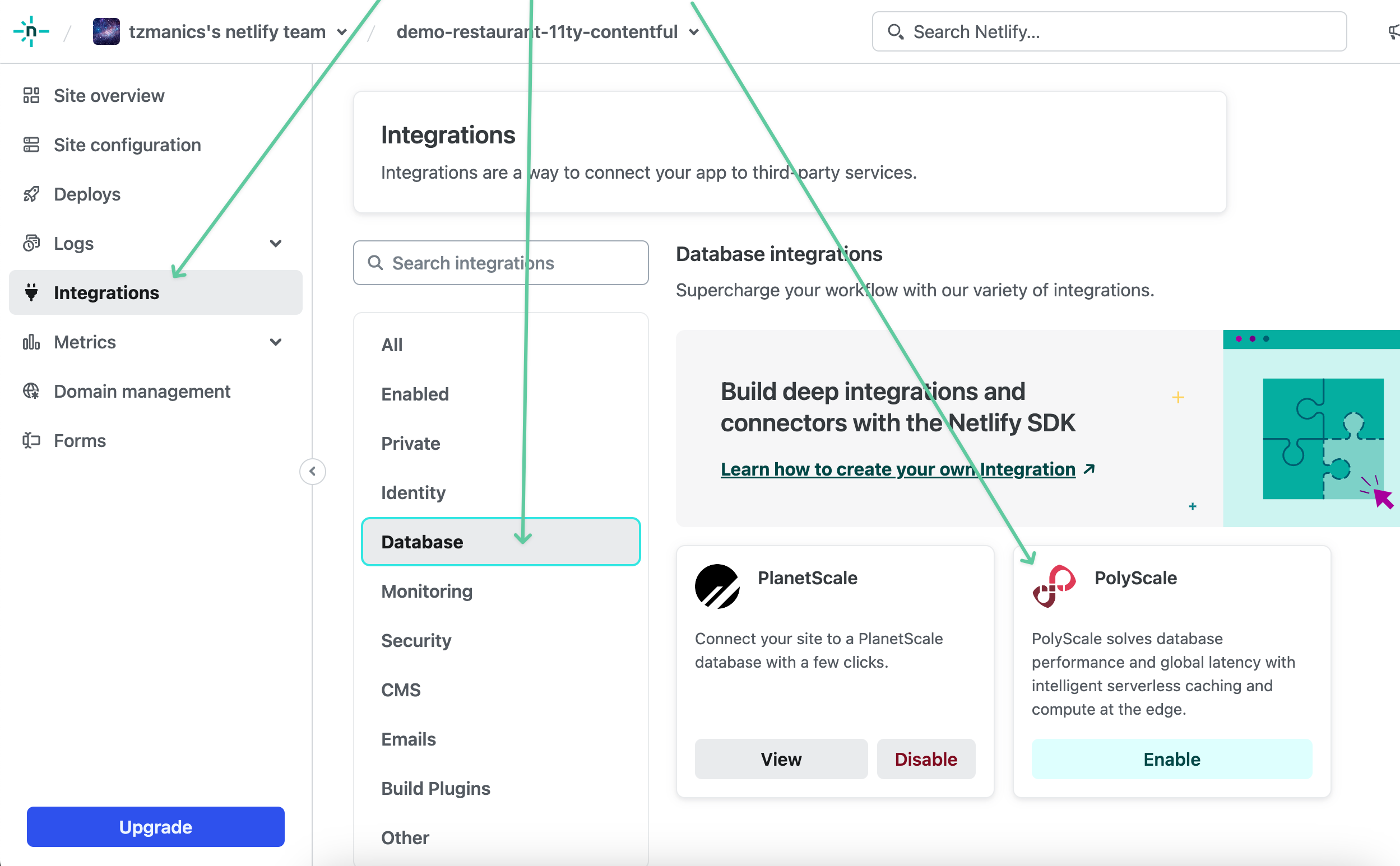 site dashboard integration list