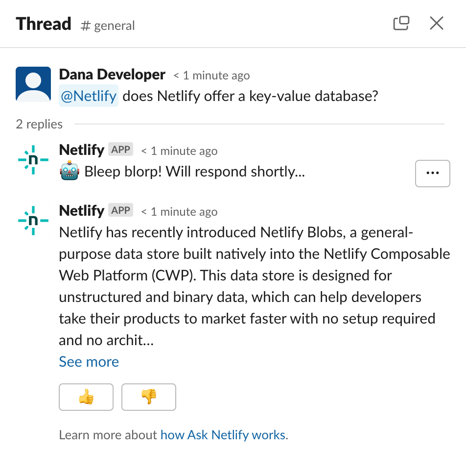 A user on Slack asking @netlify if Netlify offers a key-value database. The bot responds in the original thread to share information about Netlify Blobs.