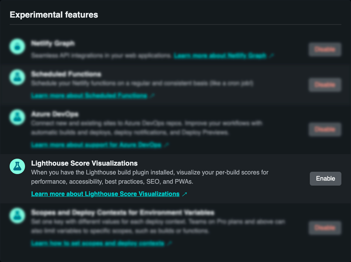 The experimental features list. All options are blurred out except for Lighthouse Score Visualizations which is the fourth item in the list.