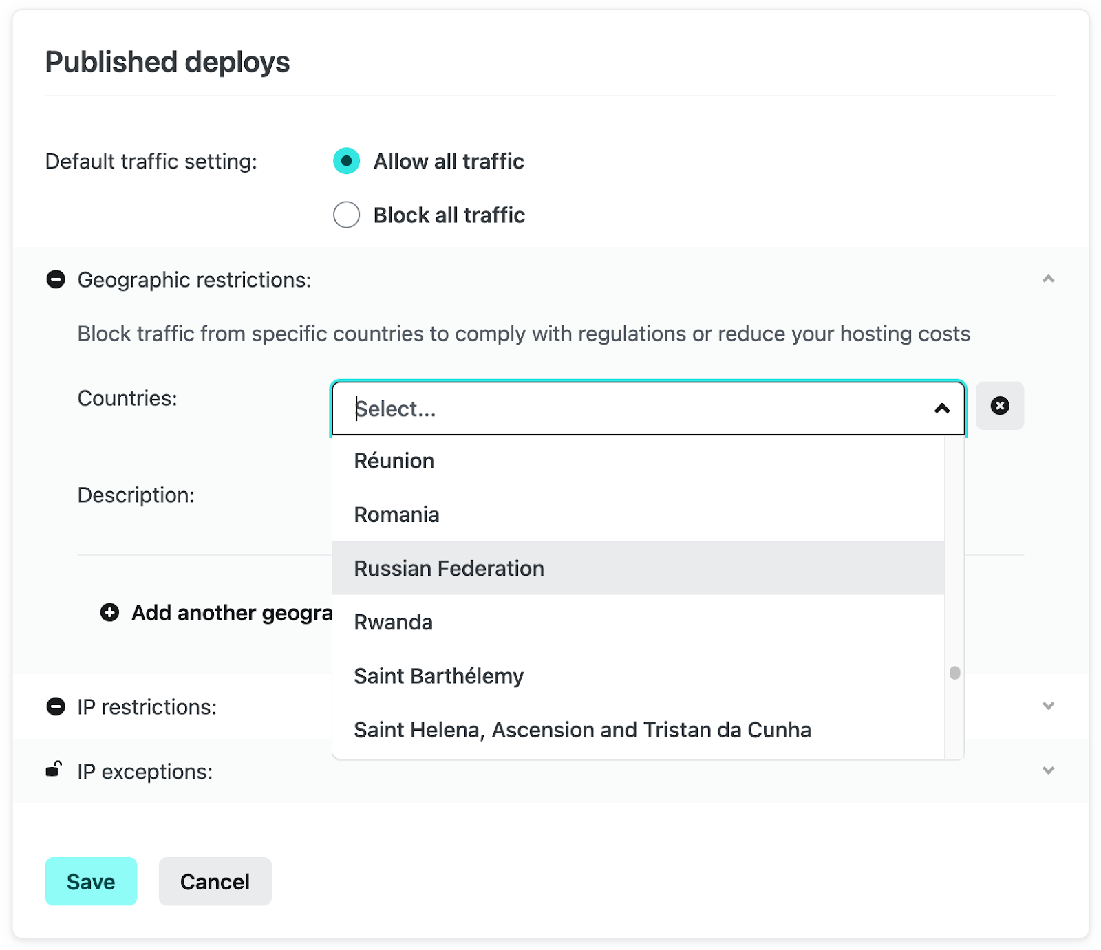 List of countries which you can select to restrict traffic from