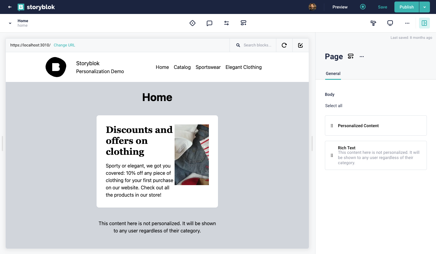 Storyblok's Visual Editor UI showing the home page