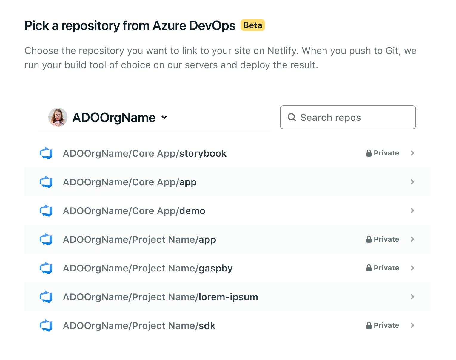 Pick a repository from Azure DevOps. Netlify shows all of the repos authorized for linking.
