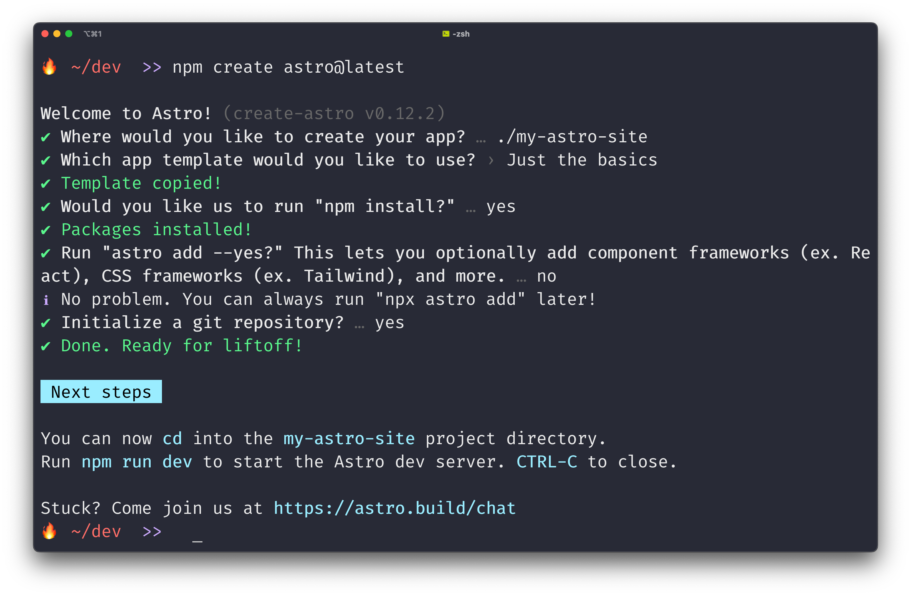 A terminal window showing a freshly created Astro project using the Astro CLI. The latest instructions are to cd into the new project directory and run npm run dev.