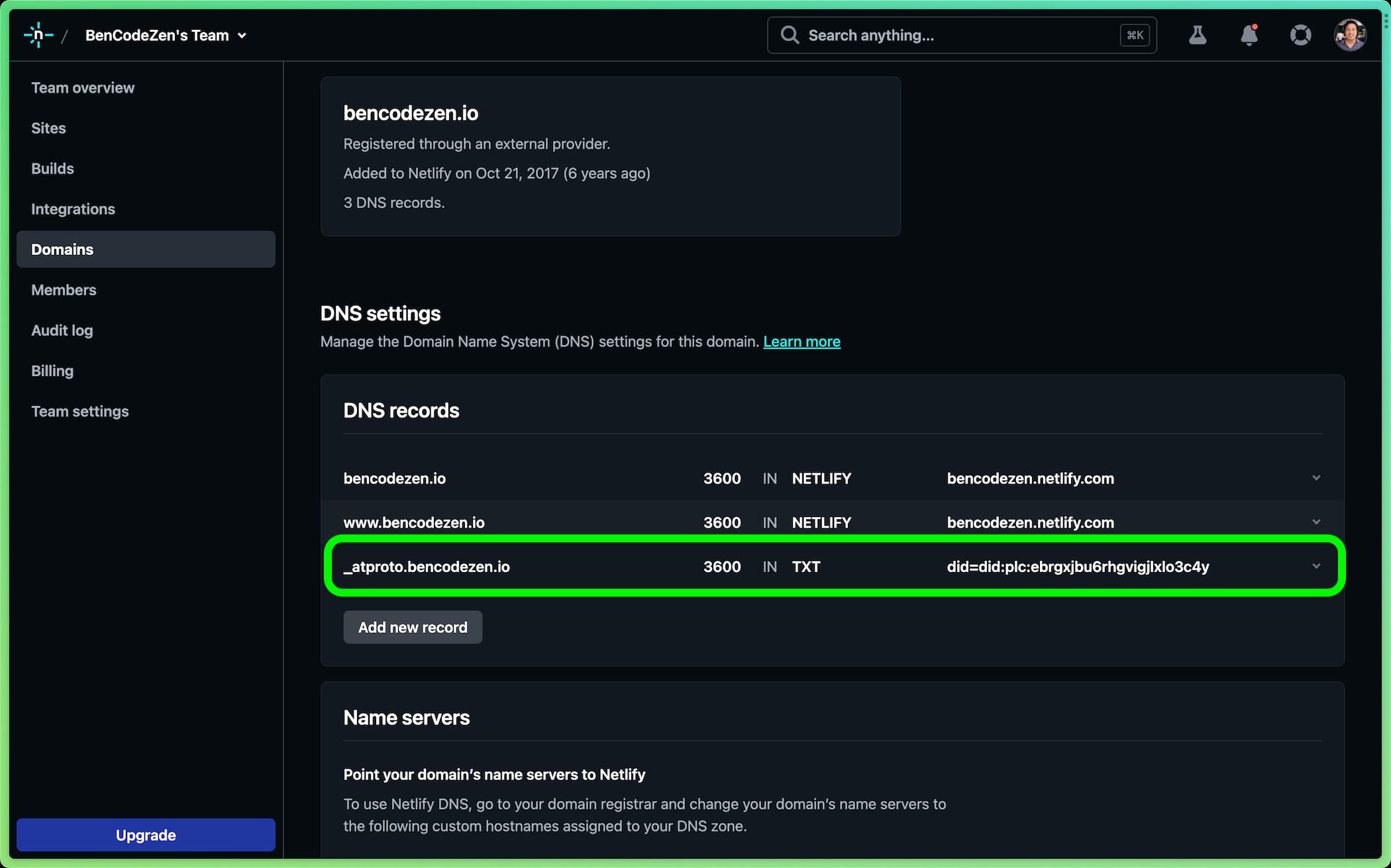 Screenshot of Netlify dashboard that shows the new text record in the dashboard