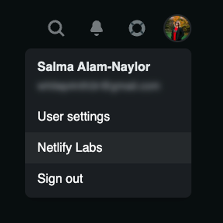 The user settings menu dropdown showing my name, user settings, netlify labs, and sign out.