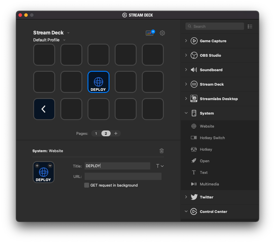 A screenshot of a new Stream Deck profile with a new website button added, with the label DEPLOY
