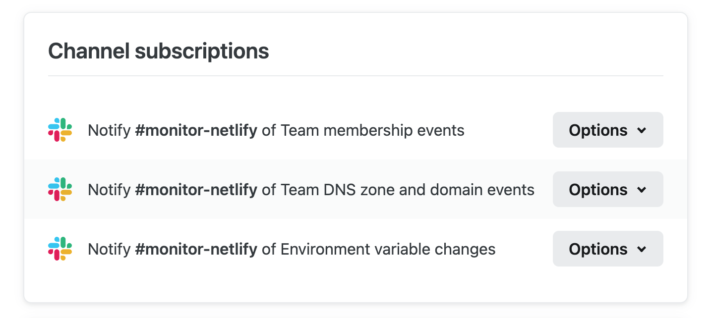 Team notification settings configured to monitor members, domains, and environment variables from Slack