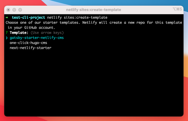 screenshot of a terminal window showing the 1st prompt of the command to pick a template