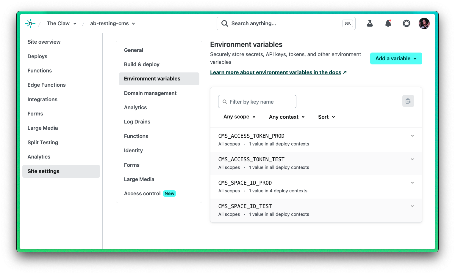 Netlify environment variable dashboard showing the four environment variables described