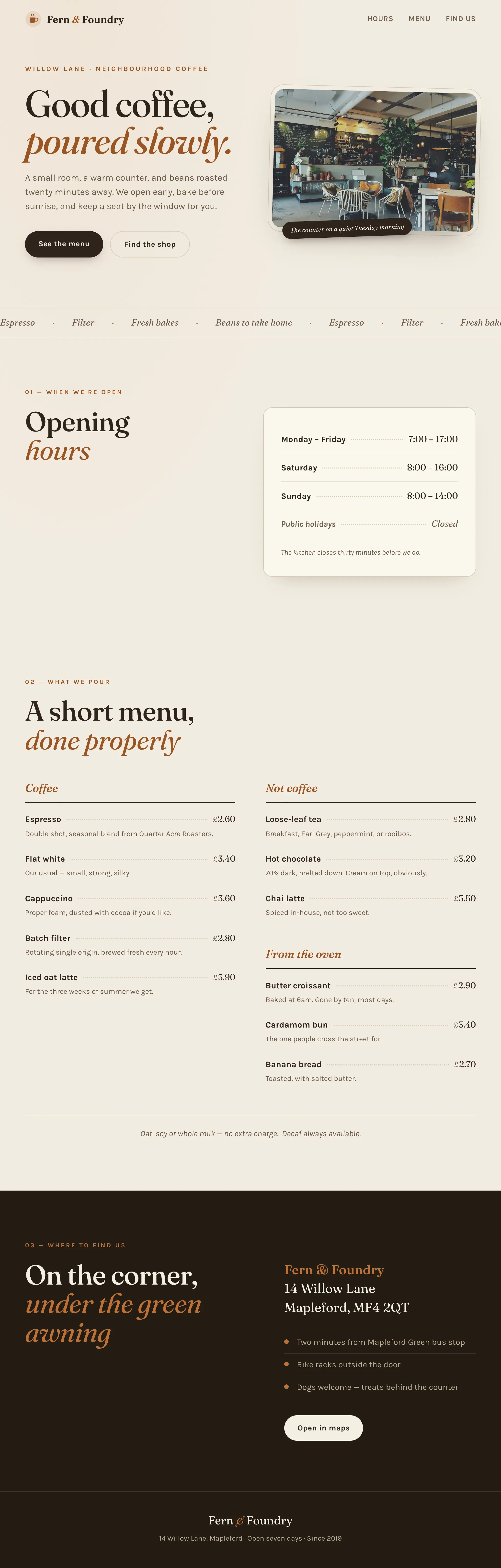 Coffee shop page generated by Kimi K3 — left run