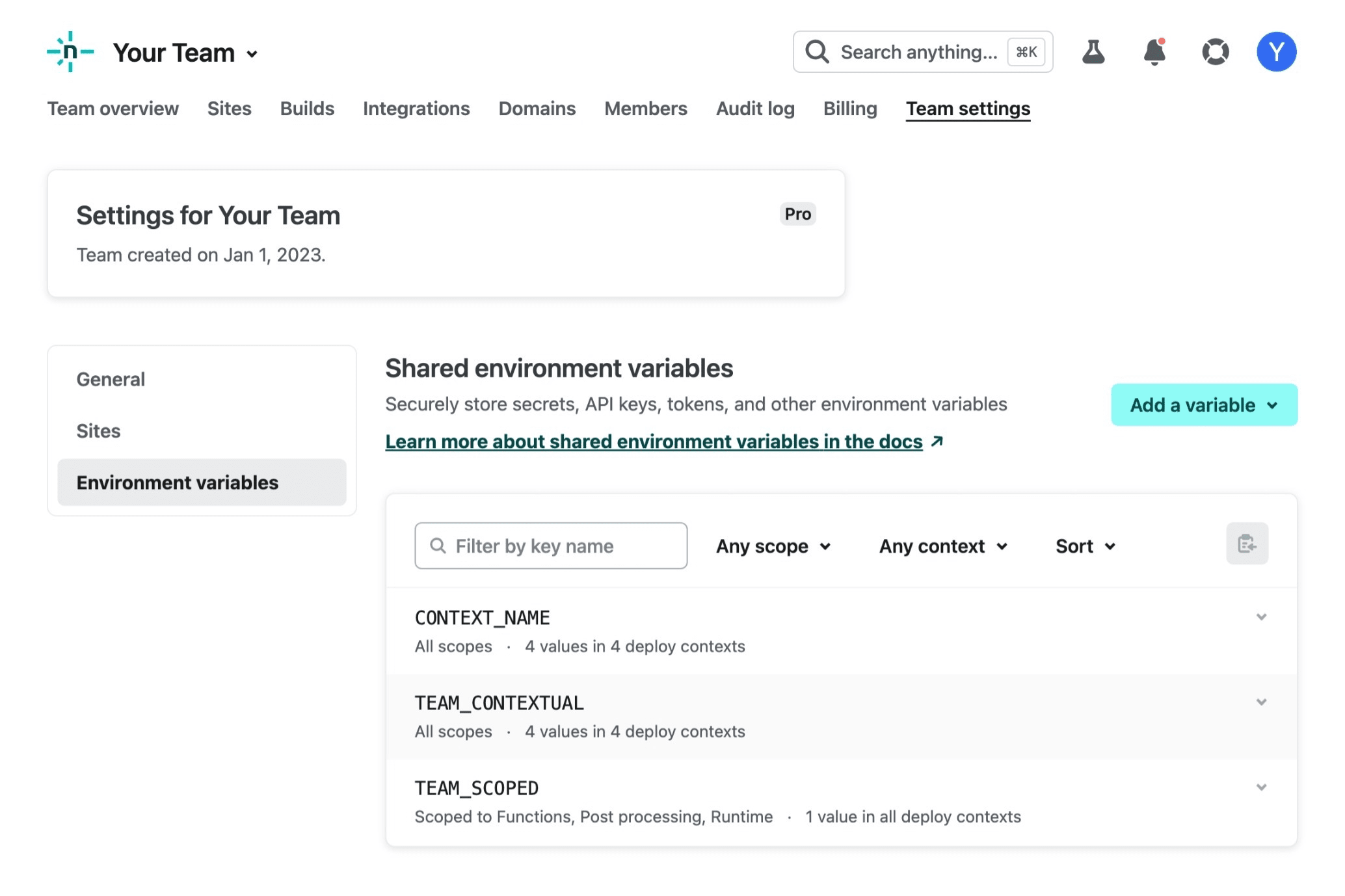 Variables set on the team level, with all the usual scope and deploy context options available