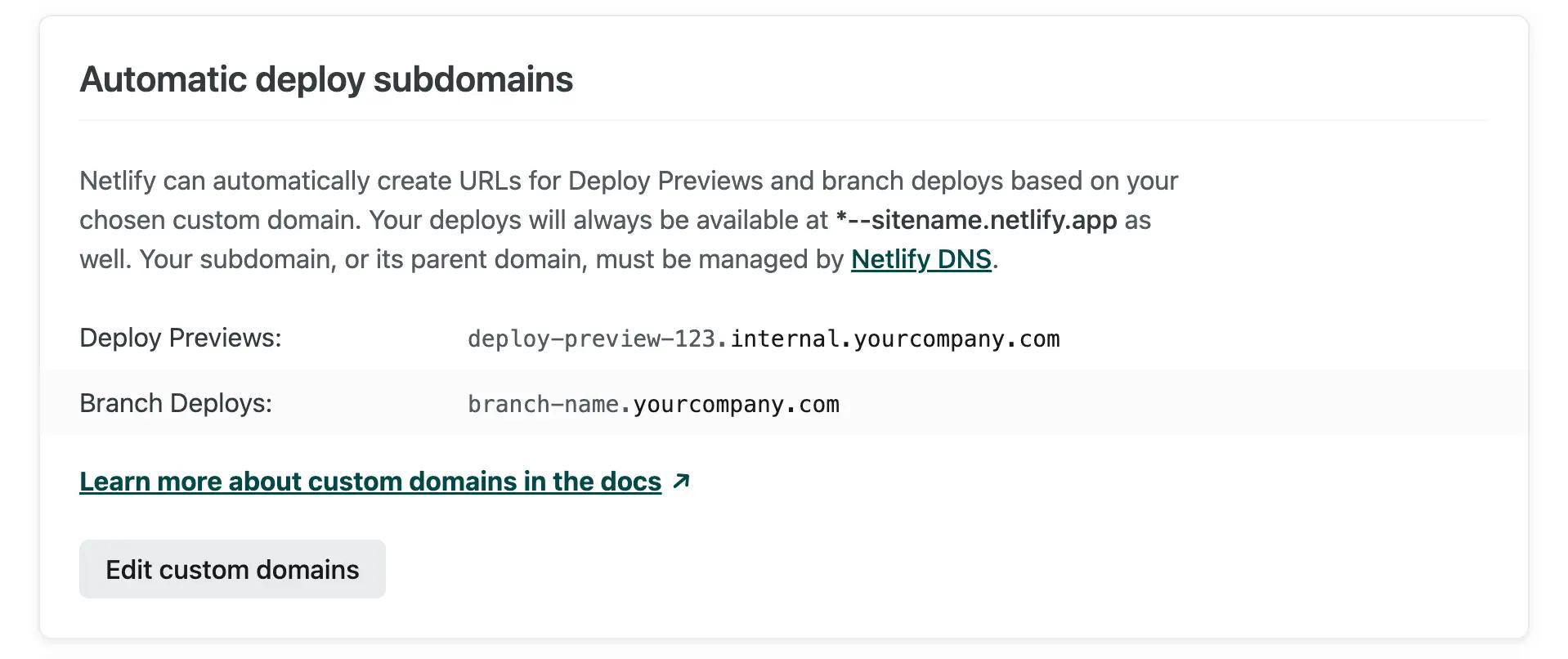 Deploy Previews and branch deploys are each set to use a custom subdomain