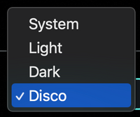Disco theme selected from list of System, Light, Dark, Disco.