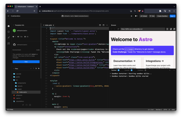 The Astro Just the basics project opened in CodeSandbox