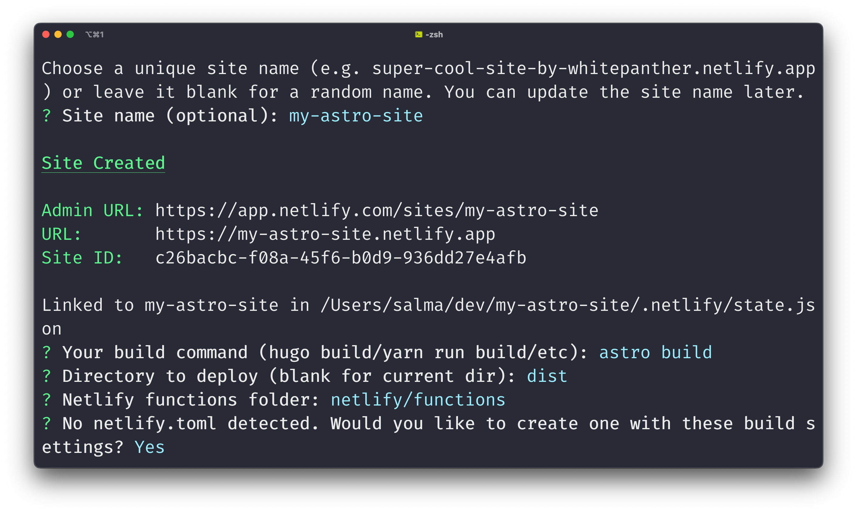 All configuration has been auto-detected and confirmed. I have chosen to create a Netlify toml file