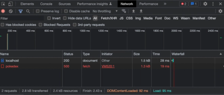 dev tools 500 error on the network panel