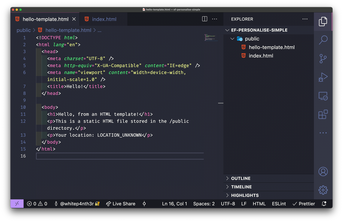 Screenshot of VSCode, showing a public directory with index.html and hello-template.html inside. Hello-template.html is in view, and shows HTML boilerplate and the location placeholder.