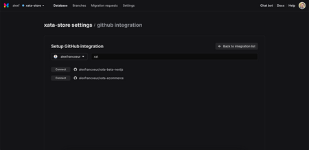 Xata app screen where you connect your database to a GitHub repository