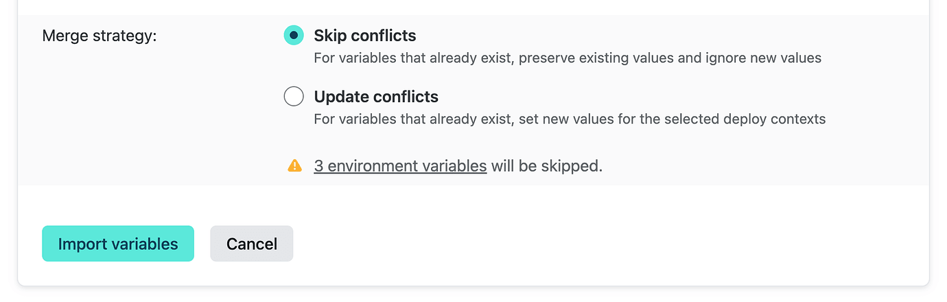 Options to skip or update conflicting environment variables
