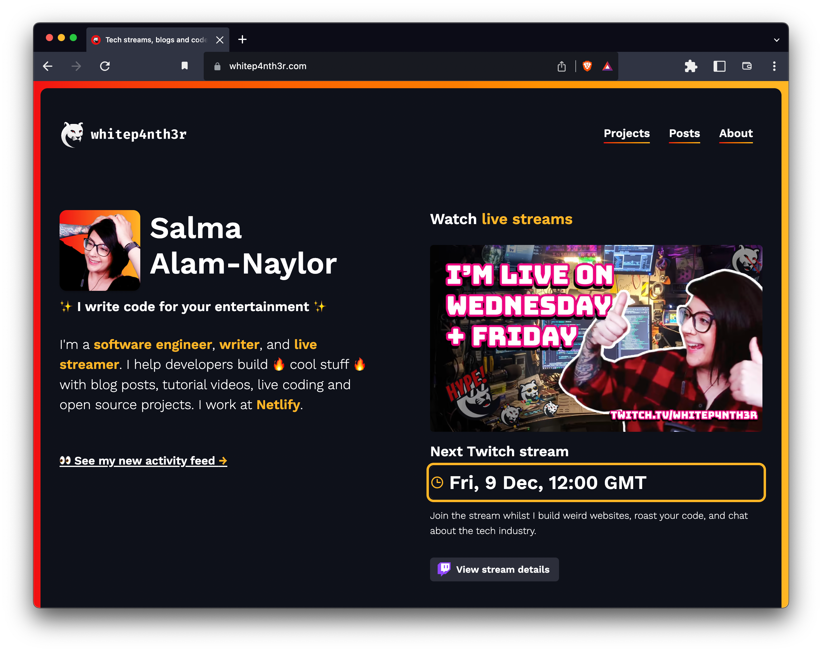 My website screenshot, showing my home page with a next Twitch stream section, showing the time in GMT