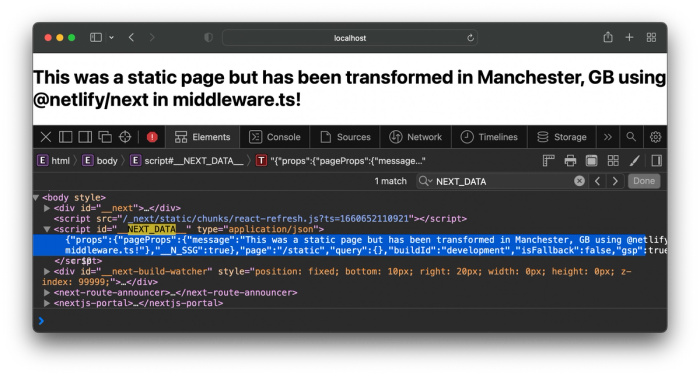 Screenshot of DOM showing the script tag with id NEXT_DATA, showing the JSON in the page props has been updated with the new message.