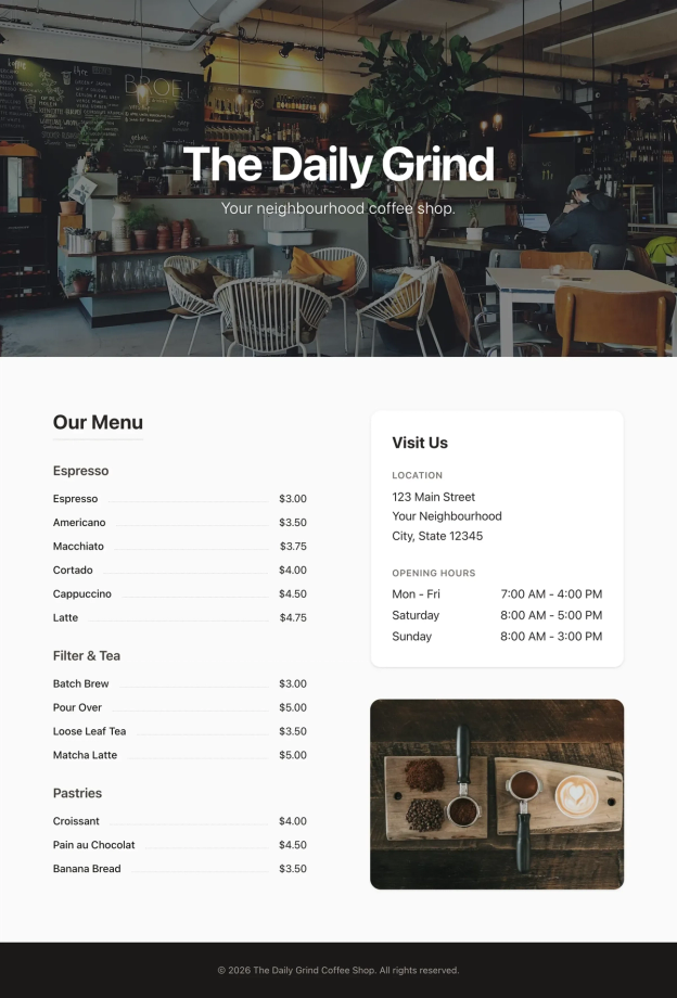 由 Gemini 3.1 Pro 生成的咖啡店页面——右侧运行