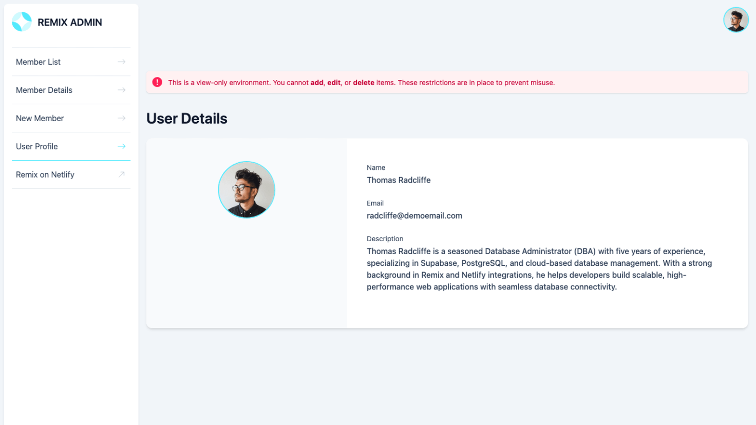 Remix template dashboard admin user view