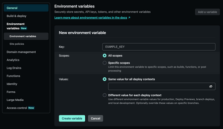 Screenshot of adding a new environment variable in Netlify’s app