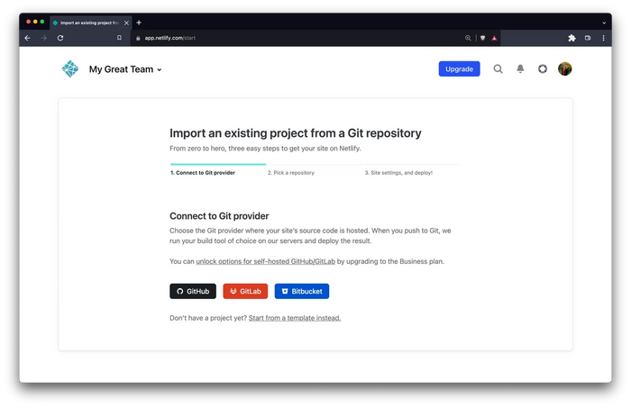 Screenshot of Netlify UI asking the user to connect to Git provider. The options are GitHub, GitLab and Bitbucket