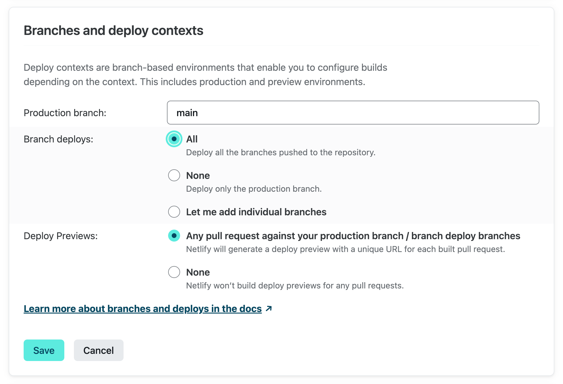Settings for branch deploys by deploy context