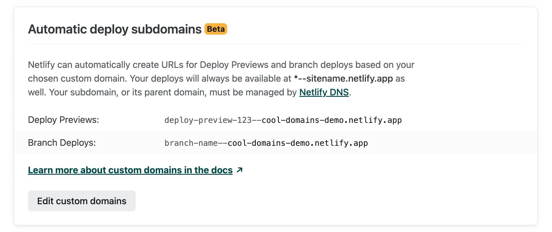 Deploy Previews and branch deploys are set to use netlify.app URLs by default